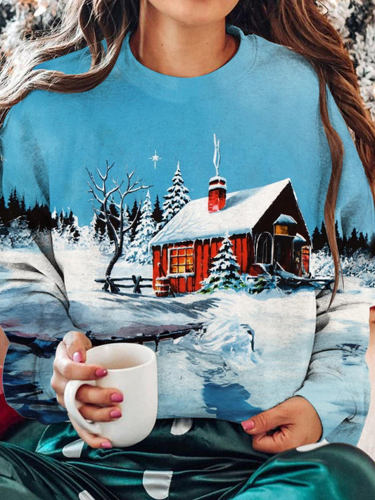 Women's Halloween Winter Snow Scene Print Long Sleeve Top