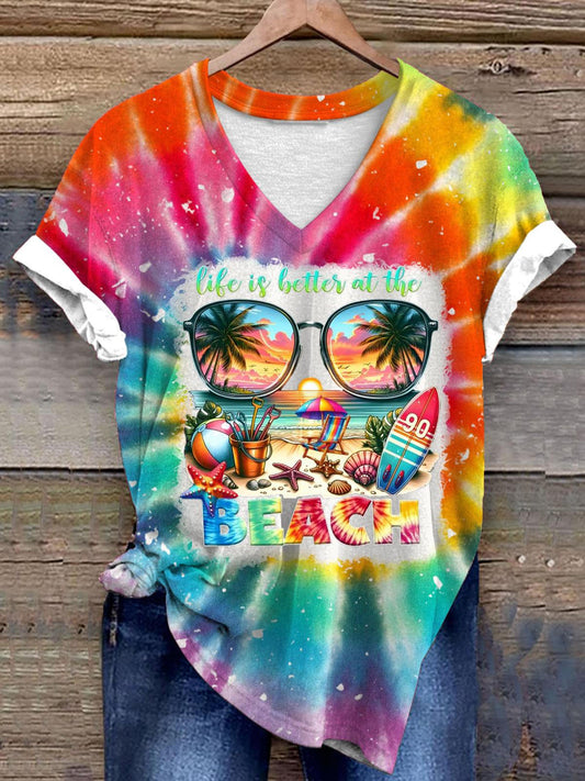 Beach Vacation Tie Dye V-Neck T-Shirt