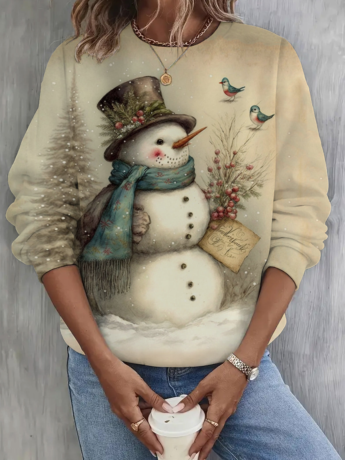 Vitange Snowman Print Long Sleeve Casual Top