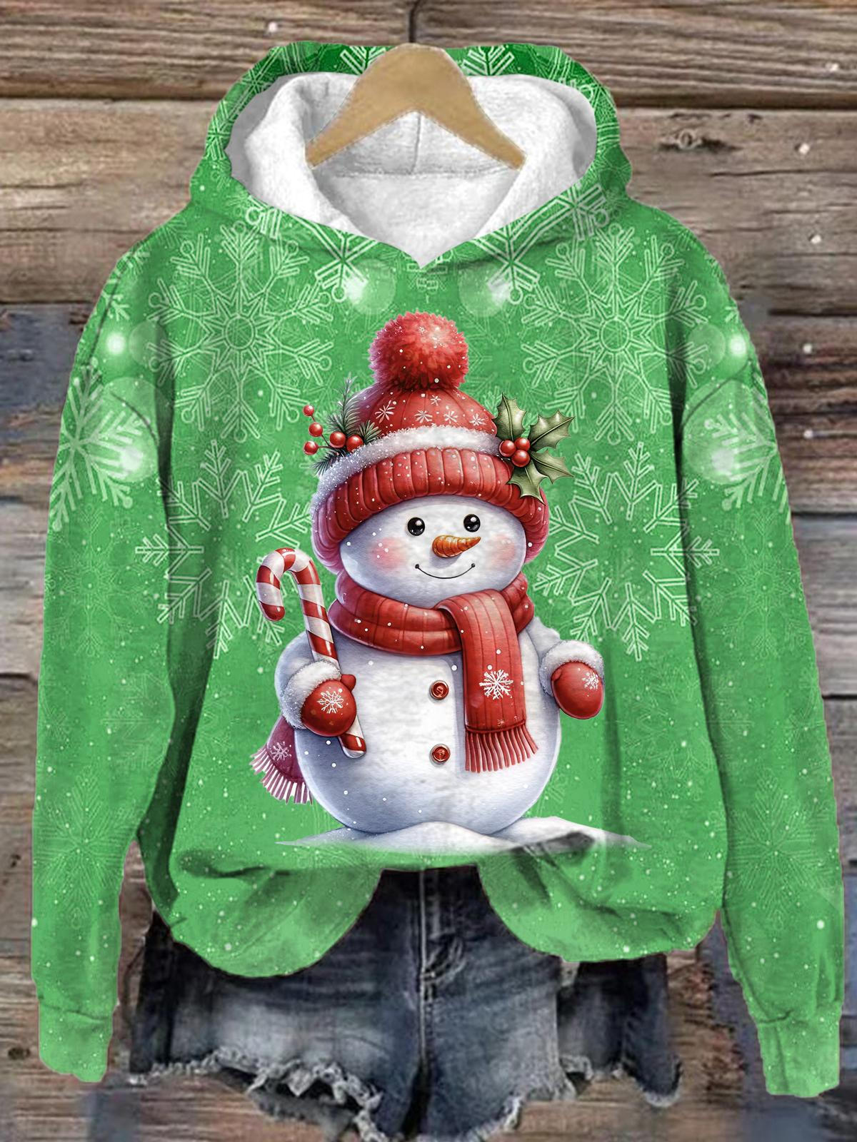 Watercolor Cute Snowman Long Sleeve Printed Hoodie