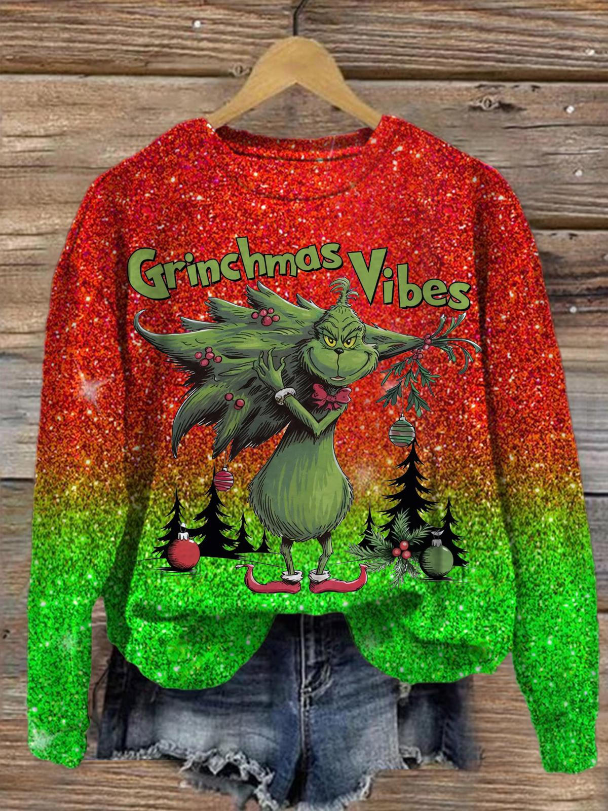 Green Monster Spotted At Christmas Printed Long Sleeve Casual Top