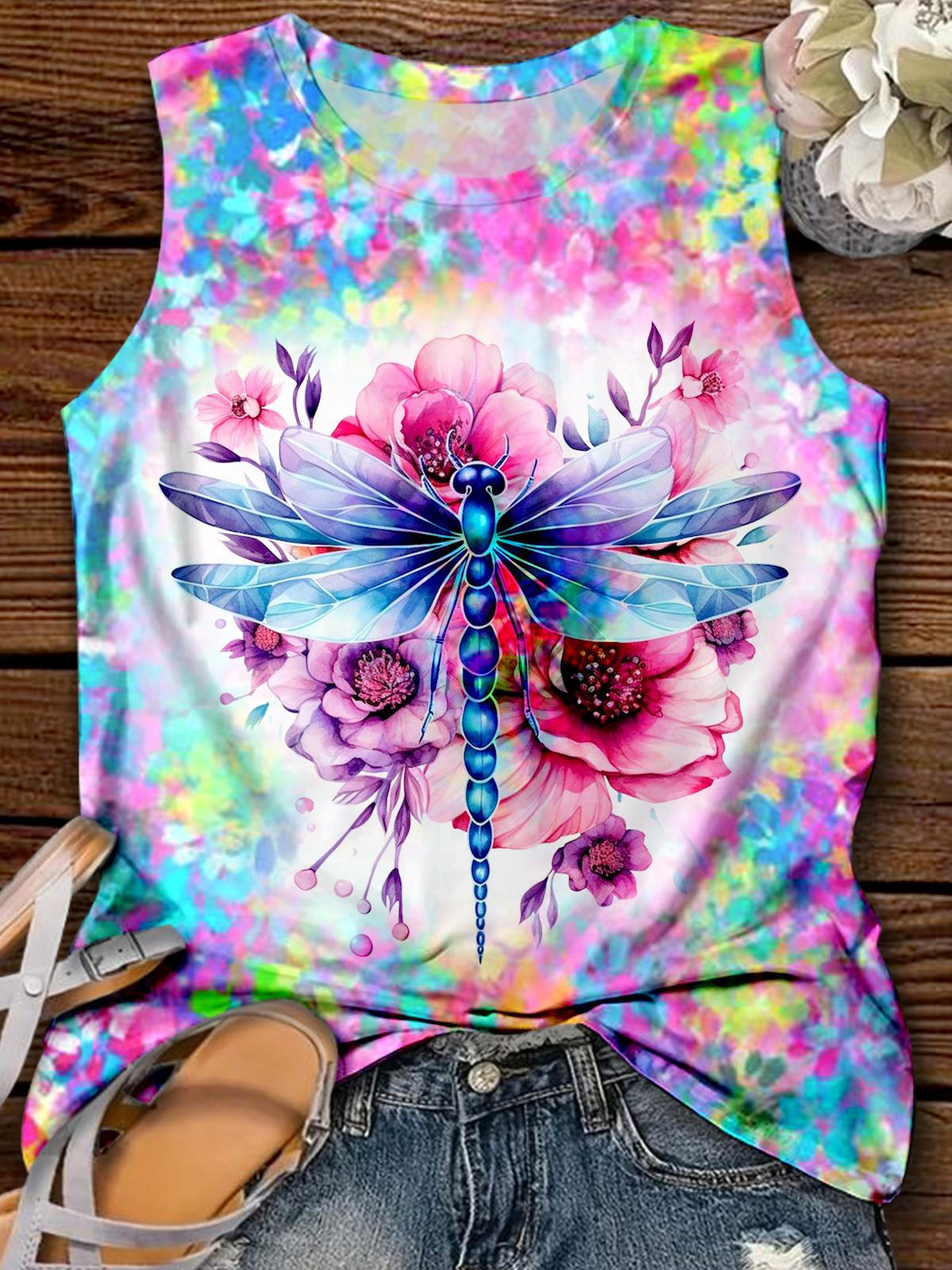 Dragonfly Flower Printed Sleeveless Tank Top