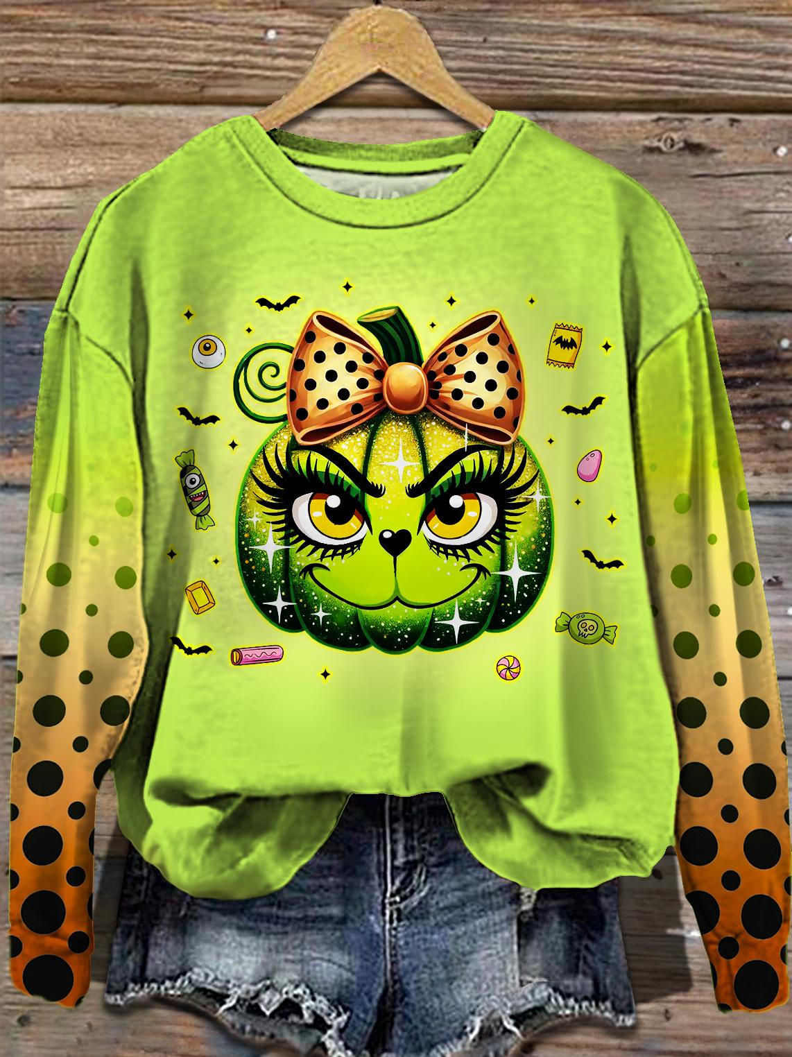 Women's Halloween Green Pumpkin Long Sleeve Casual Top