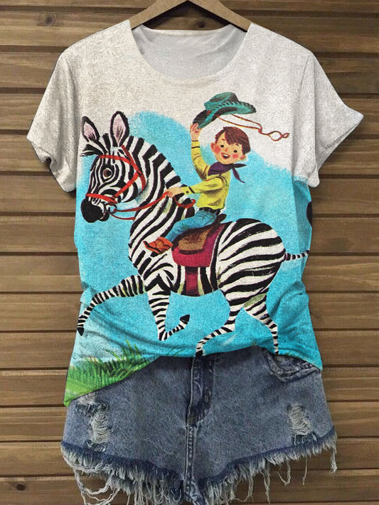 Funny Vintage Printed Round Neck Short Sleeve Top