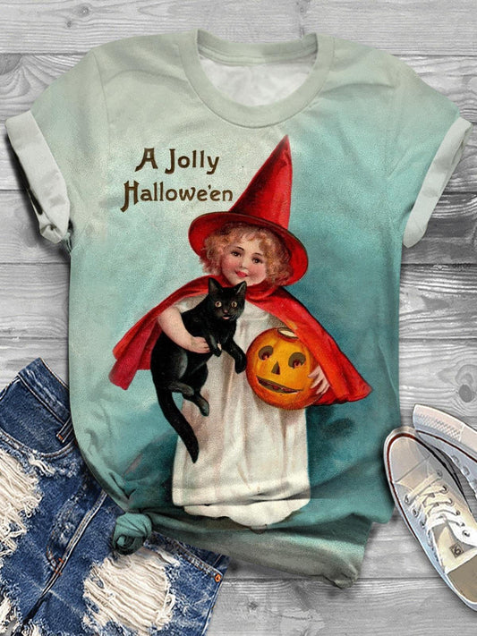 Girl Witch Pumpkin Cat Crew Neck T-shirt