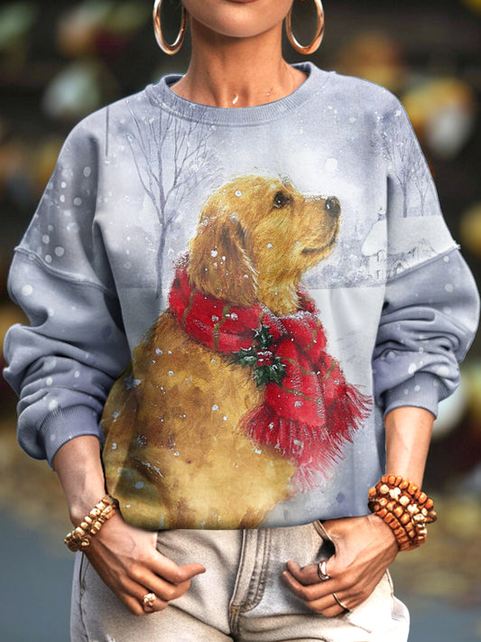 Women's Winter Scarf Puppy Print Crew Neck Casual Sweatshirt