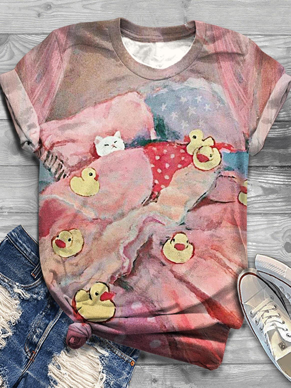 Women's Sleeping Cat Yellow Duck Print Crew Neck T-shirt