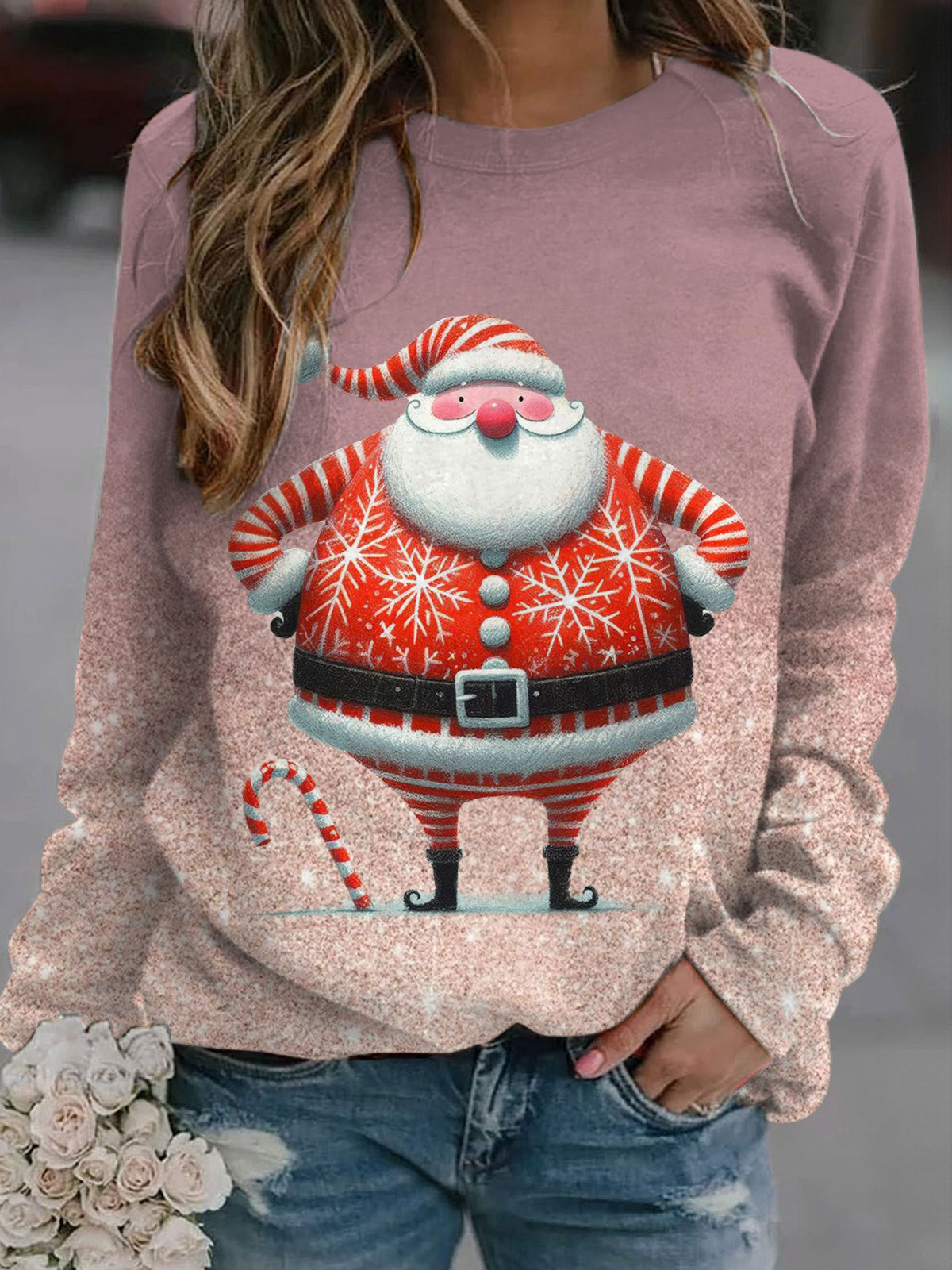 Cute Furry Santa Claus Long Sleeve Casual Top