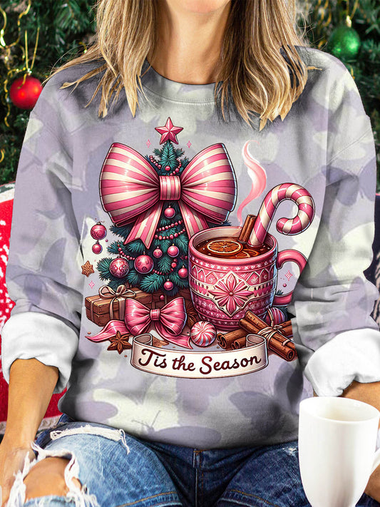 Women's Christmas Bow Coffee Print Long Sleeve Top