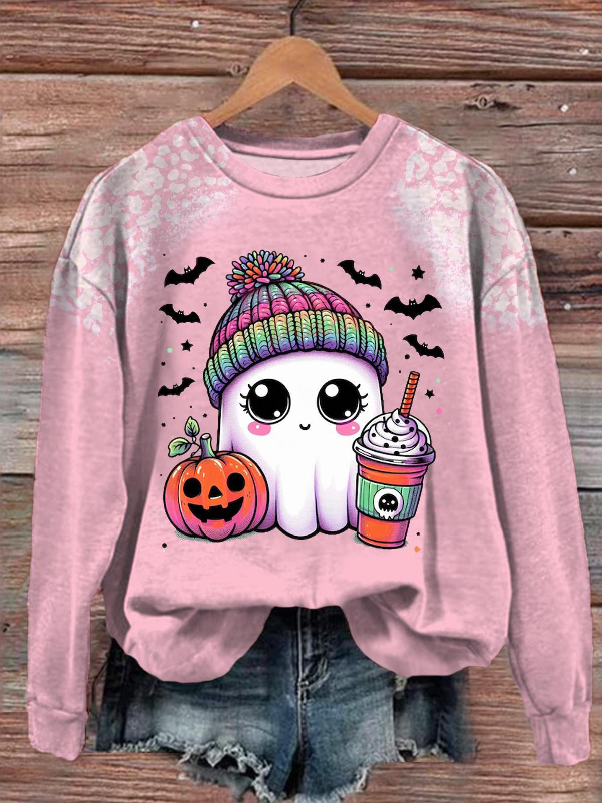 Women's Cute Ghost Pink Halloween Long Sleeve Top