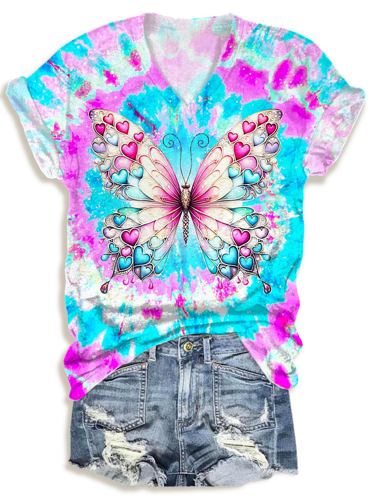 Spring Floral Butterfly V-neck T-Shirt