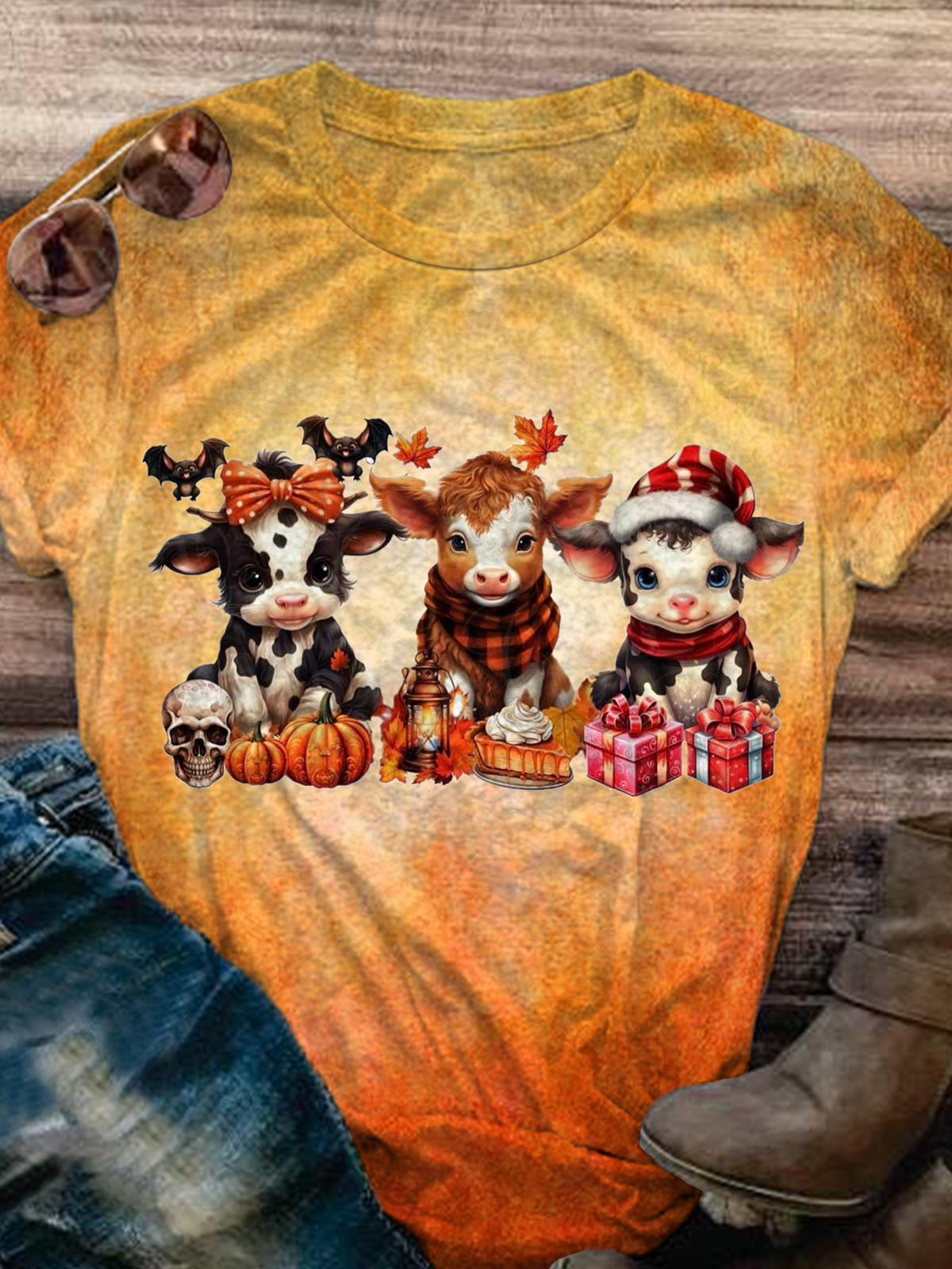 Women's Halloween Cow Gift Print Vintage Short Sleeve T-Shirt