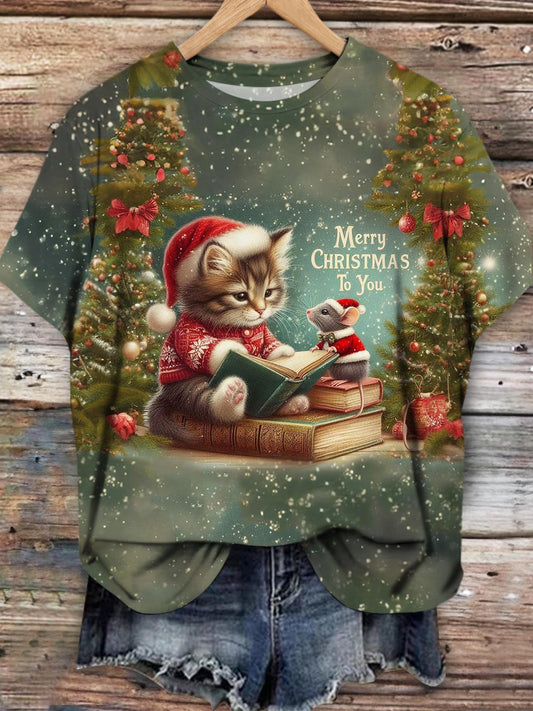 Women's Christmas Cute Cat and Possum Print T-shirt