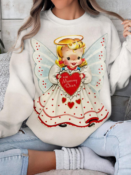 Women's Vitange Baby Angel Print Round Neck Long Sleeve Top