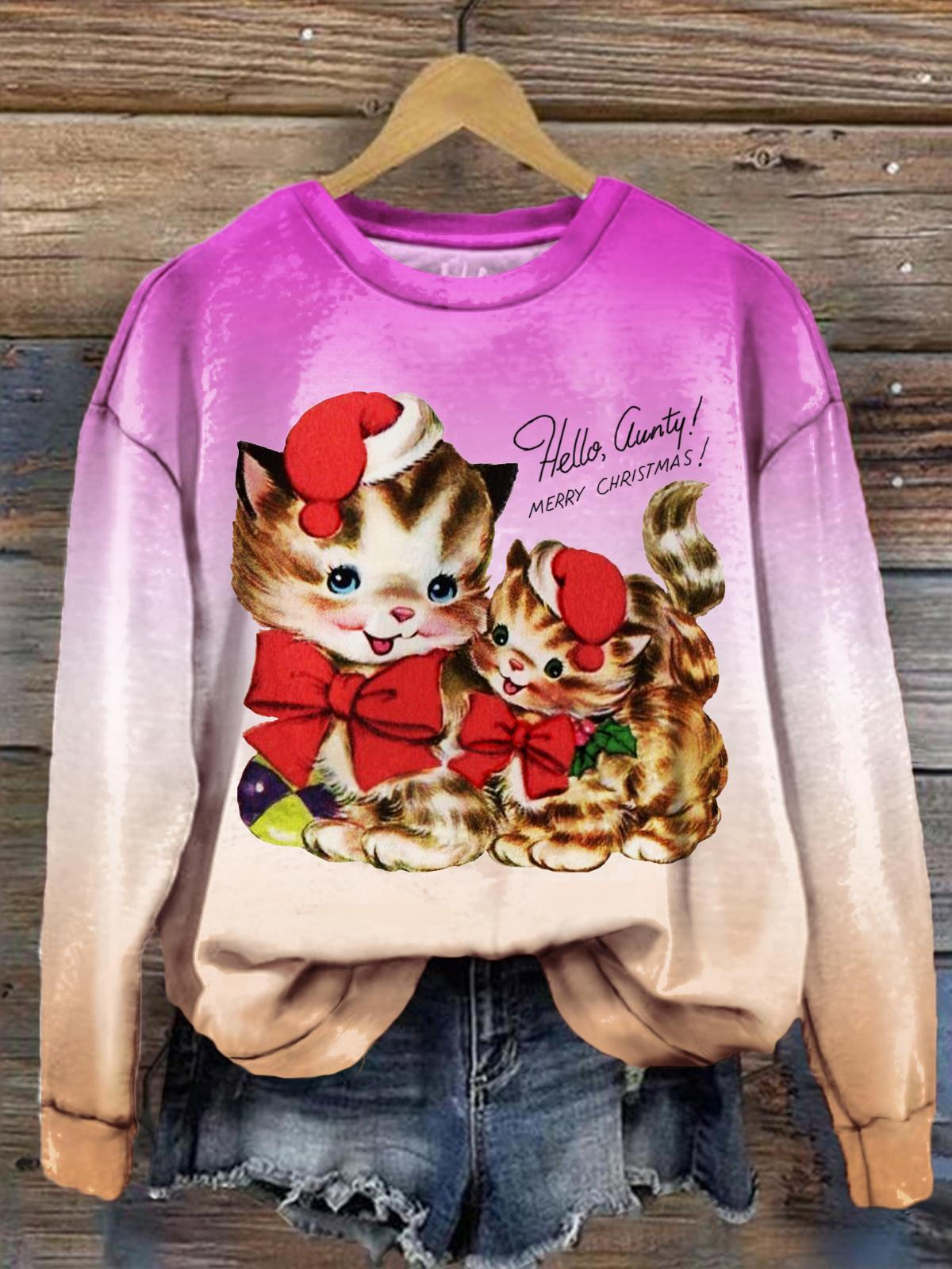 Cute Cat Christmas Bow Print Long Sleeve Top