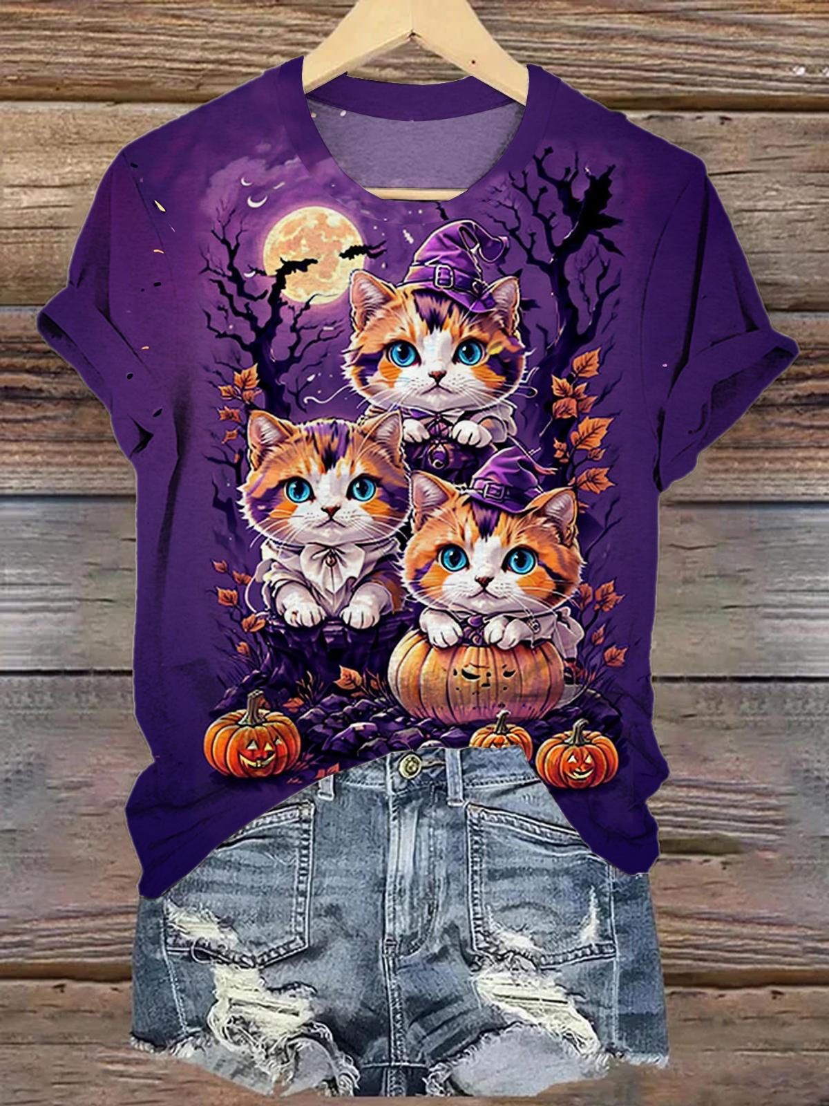 Kawaii Calico Cats Halloween Crew Neck T-shirt