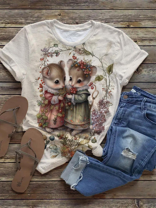 Women's Retro Cute Animals Crew Neck T-shirt