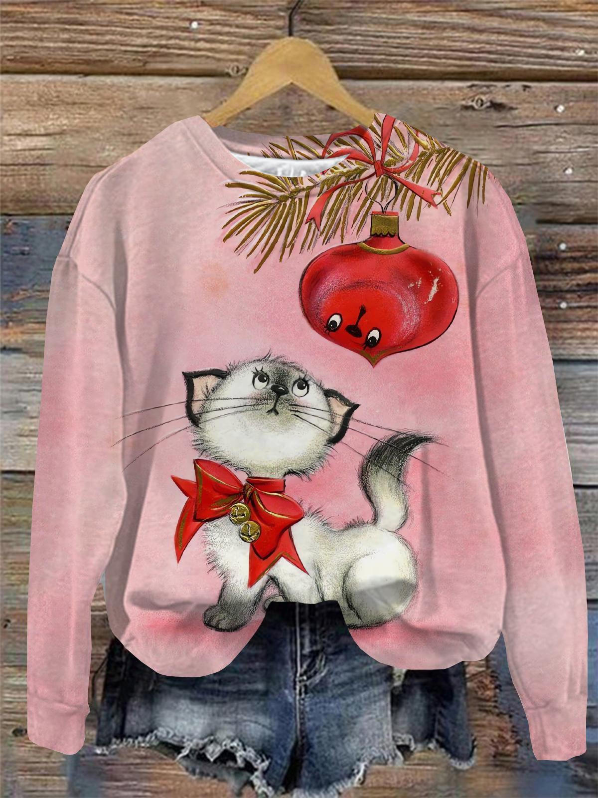 Cat Print Round Neck Long Sleeve Top