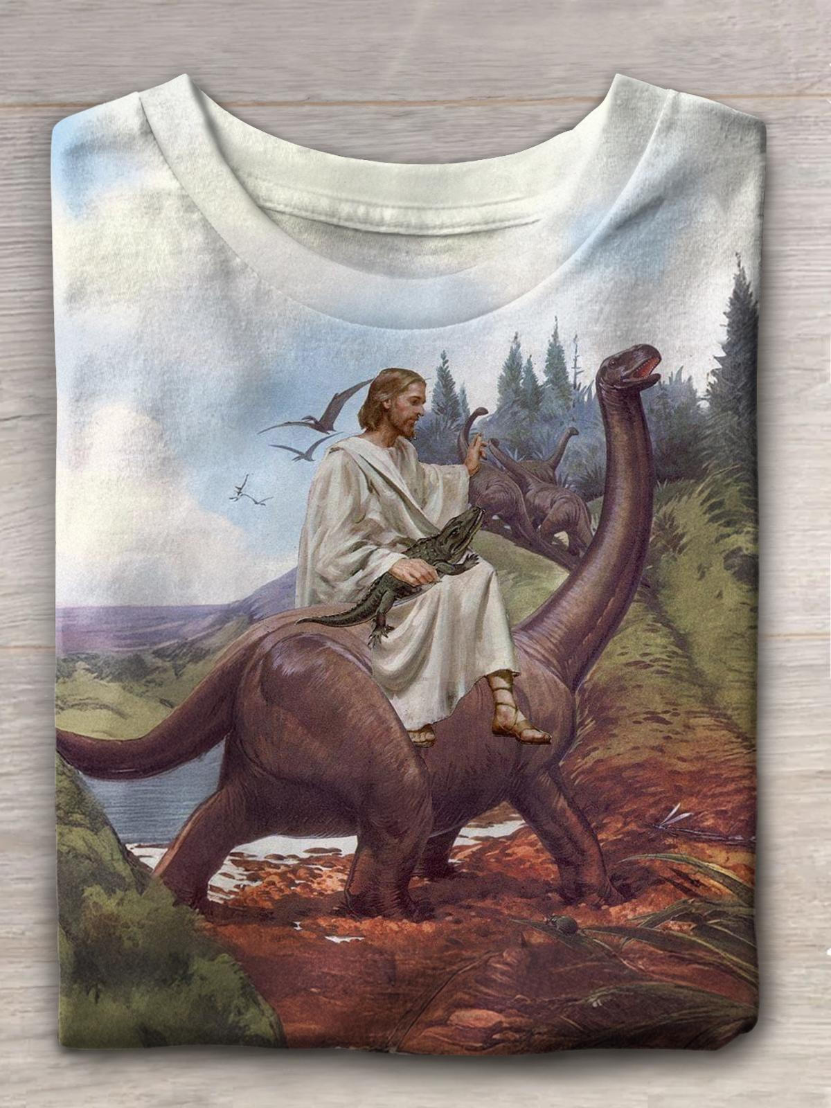 Ancient Century Dinosaur Jesus Fun Print T-shirt