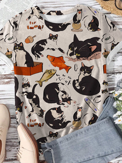 Cat Emoji Illustration Fish Fun Vintage Print Casual T-shirt