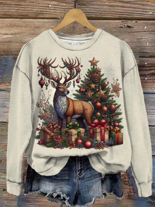 Women's Christmas Elk Gift Vintage Print Long Sleeve Top