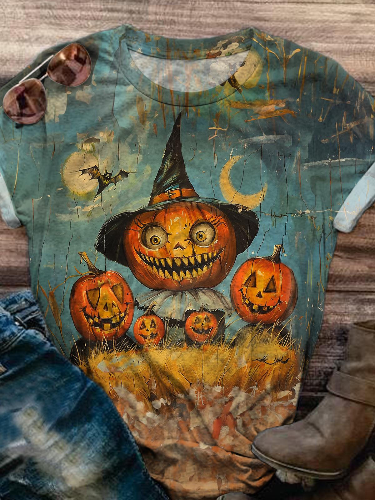 Women's Halloween Pumpkin Vintage Distressed Print Crew Neck T-Shirt