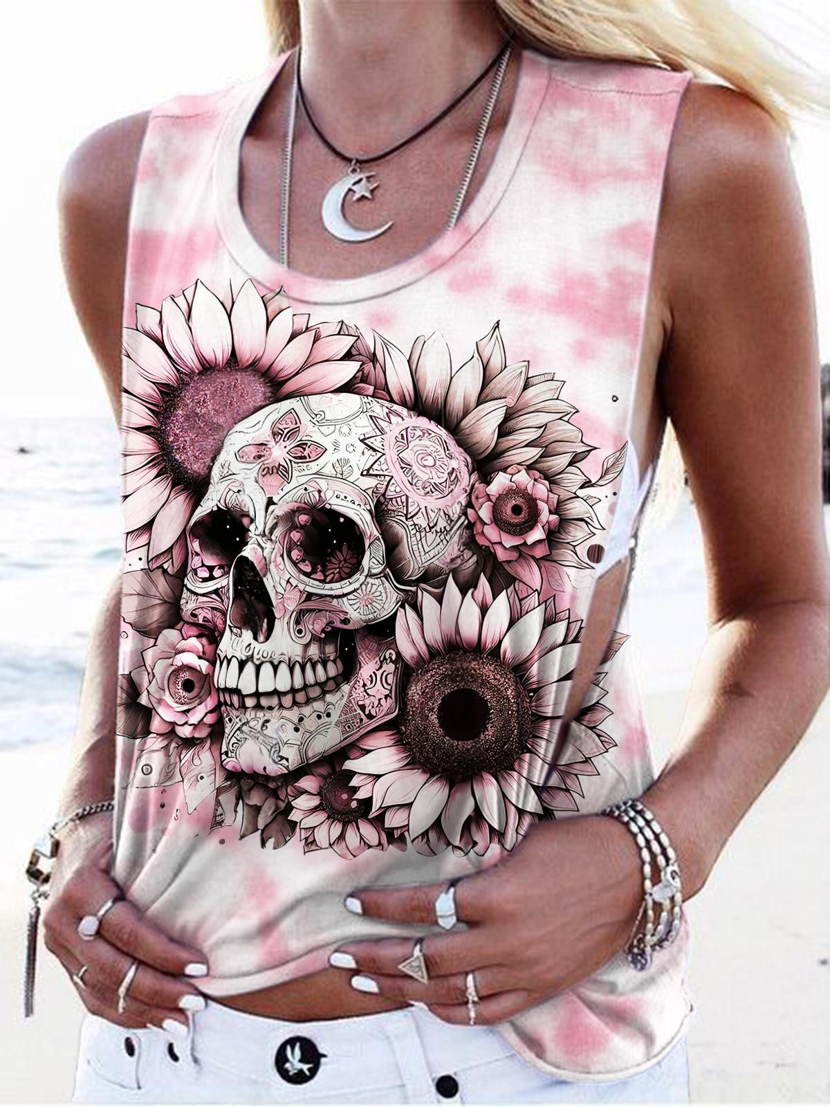 Pink Sunflower Skull Print Casual Tank Top