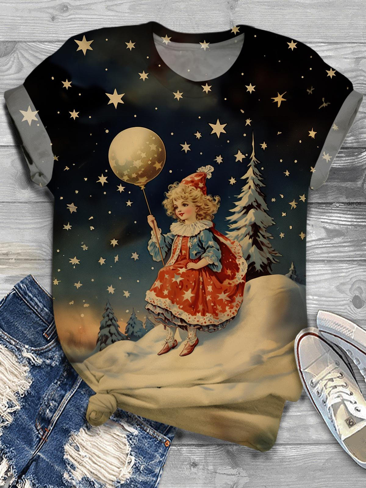 Christmas Starry Girls Retro Round Neck Short Sleeve T-Shirt