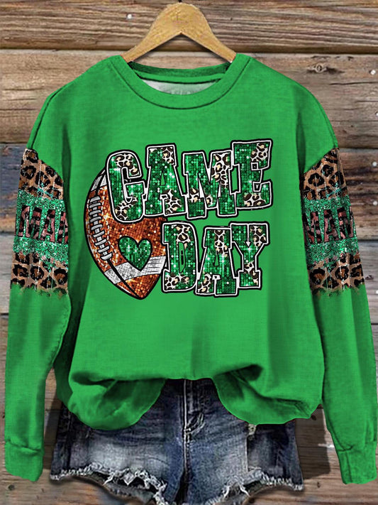 Women's Game Day Football Mom Green Faux Sequined Leopard Print Round Neck Long Sleeve Top