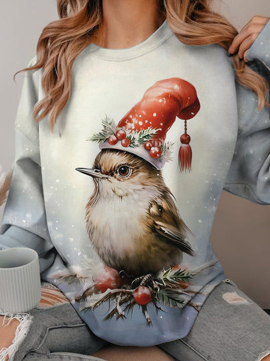 Women's Winter Bird Print Round Neck Long Sleeve Top