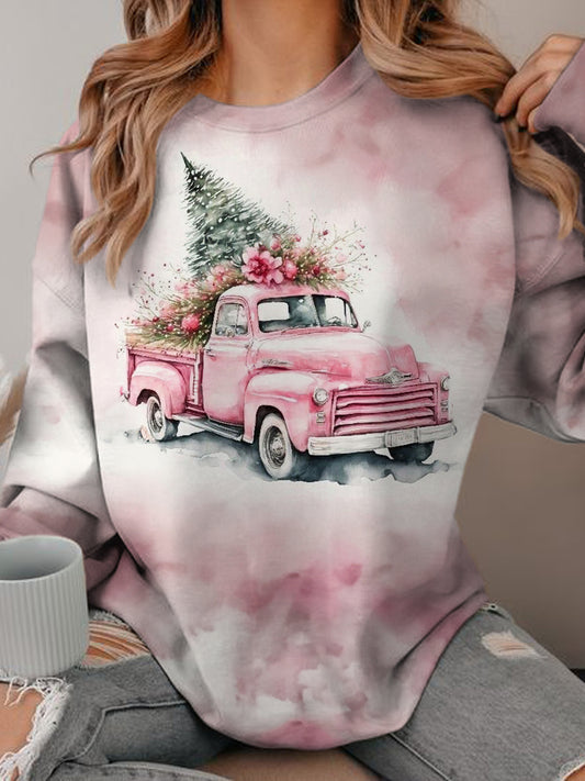 Pink Christmas Tree Truck Long Sleeve Top