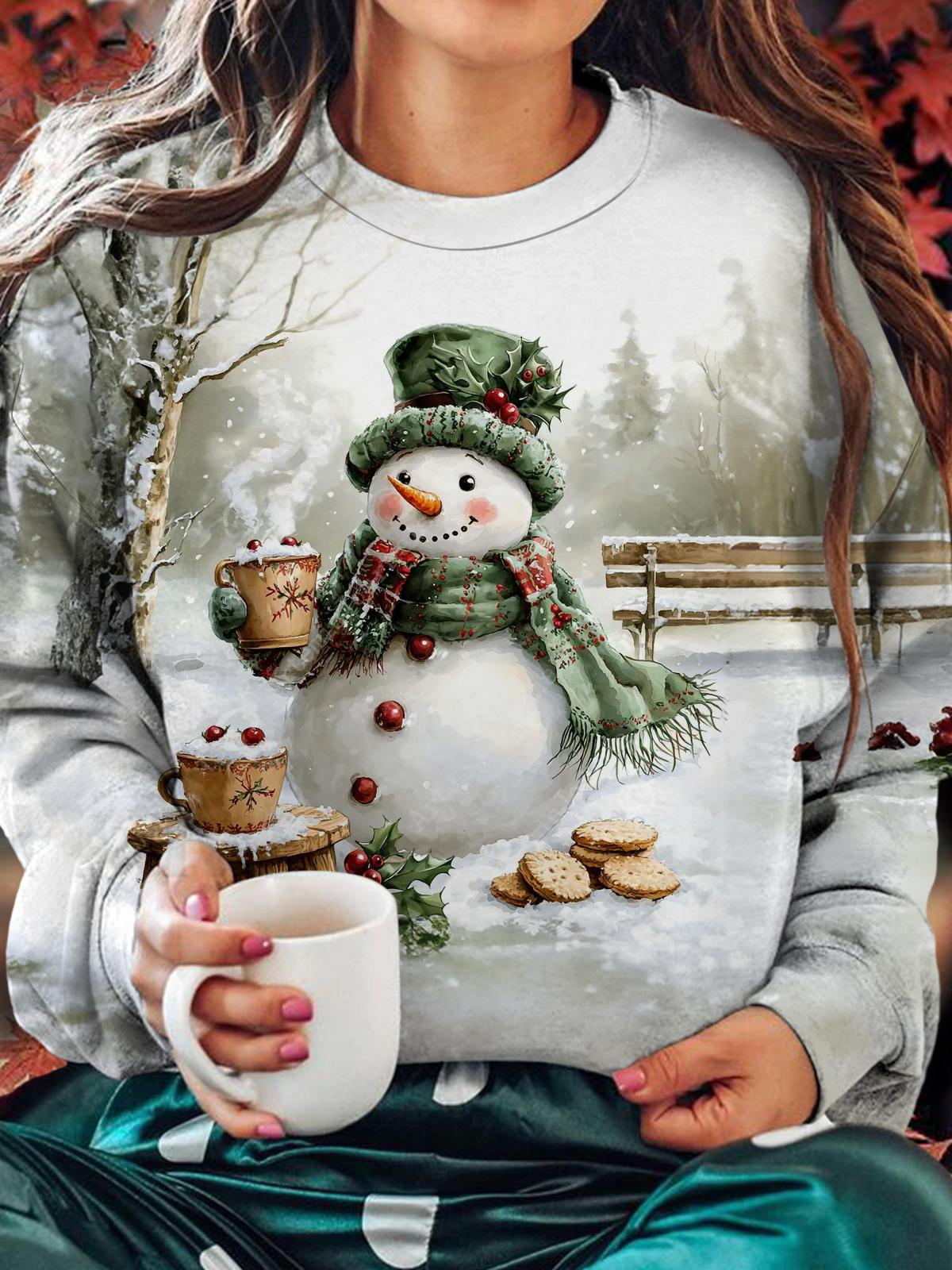 Women's Fashion Snowman and Afternoon Tea Round Neck Long Sleeve Top