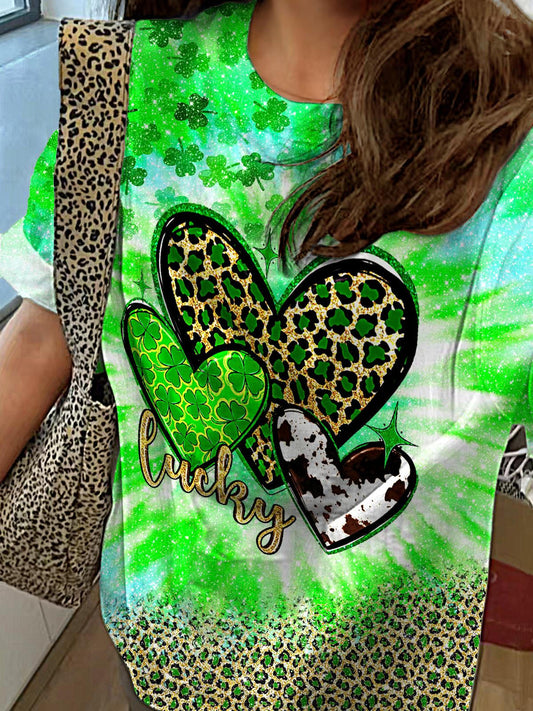 Lucky St. Patrick's Day Heart Print Crew Neck T-shirt