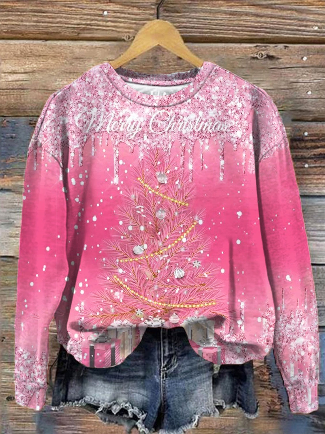 Women's Pink Christmas Round Neck Long Sleeve Top