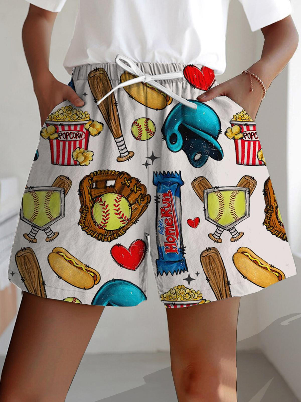 Baseball & Snacks Print Casual Shorts