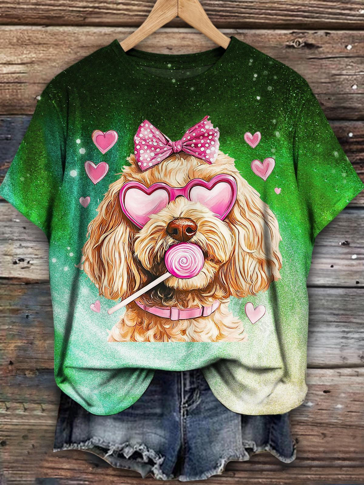 Women's Cute Puppy Valentine's Day Bubble Print Casual T-shirt