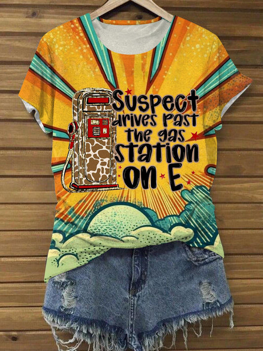 Women's Suspect Drives Past The Gas Station Printed Casual T-Shirt