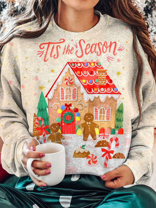 Tis the Season Cartoon Print Crew Neck Long Sleeve Top