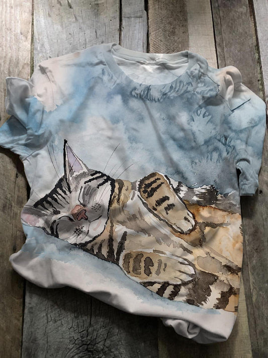 Funny Sleep Cat Painting Art Crew Neck T-shirt