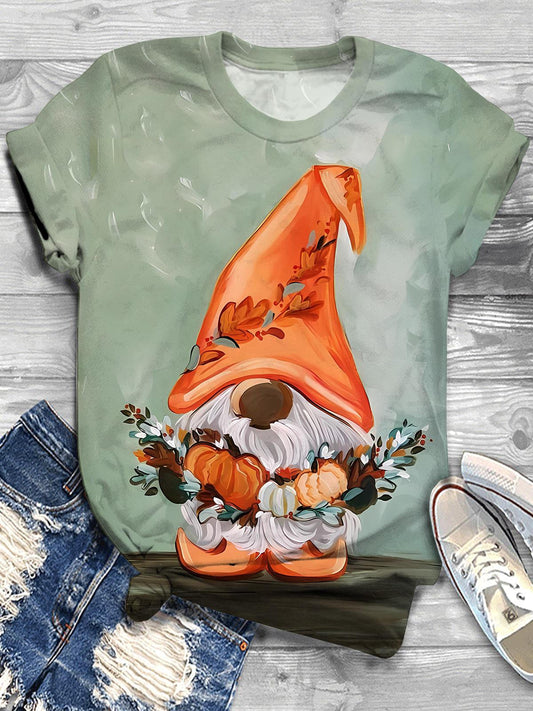 Gnome Pumpkin Print Crew Neck T-shirt