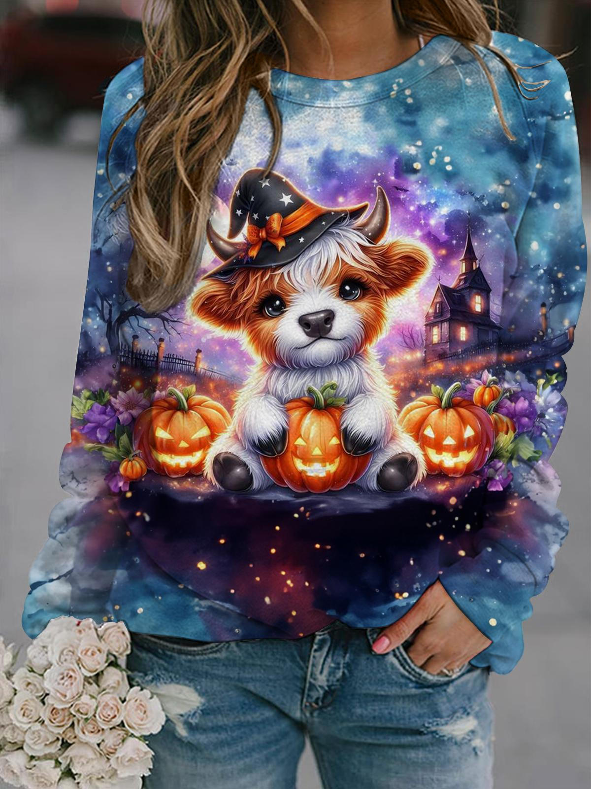 Cute Halloween Highland Cow Long Sleeve Printed Top