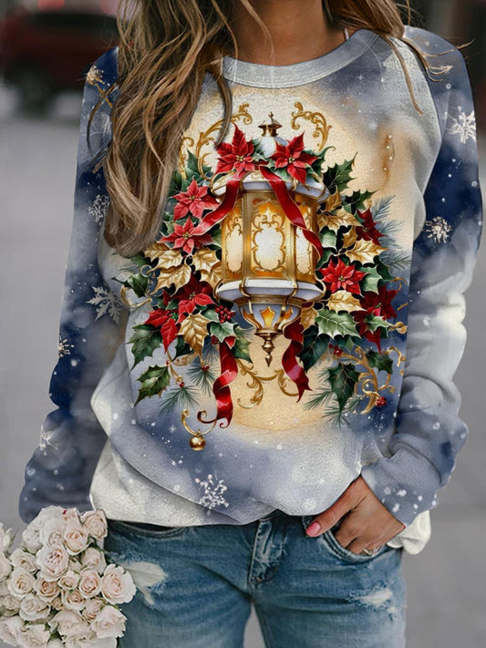 Christmas Lights And Flowers Long Sleeve Printed Top