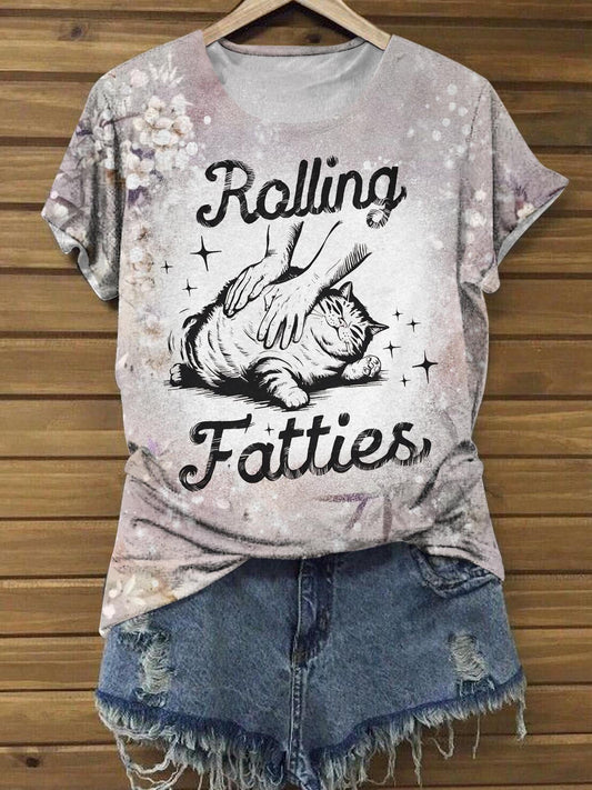 Women's Rolling Fatties Lazy Cat Fun Print Casual T-shirt