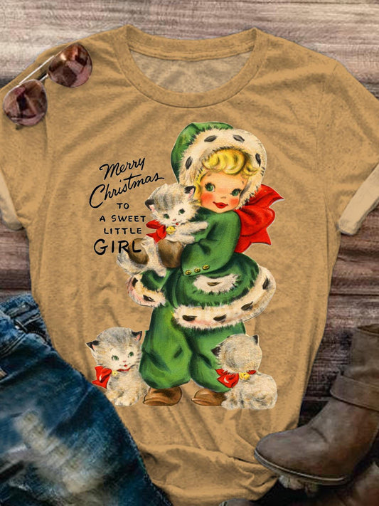 Merry Christmas To A Sweet Little Girl Vintage Print T-shirt