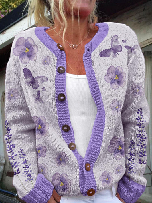 Women's Purple Floral Butterfly Round Neck Long Sleeve Cardigan