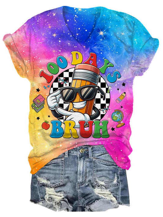 100 Days Bruh School Pencil Book Teacher Print Tie-Dye Print T-Shirt