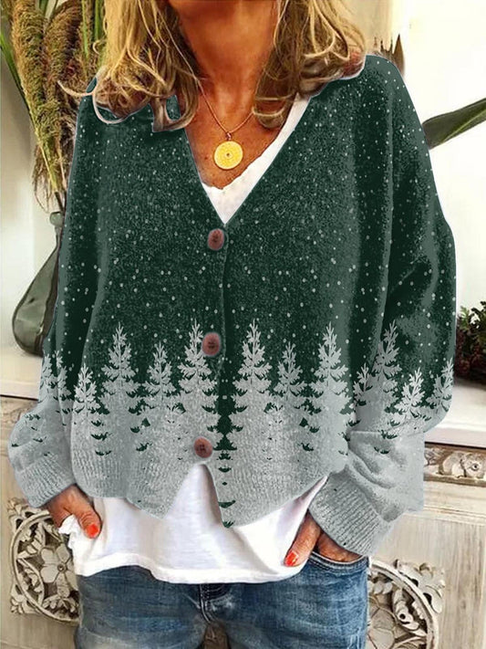 Women's Christmas Snowy Cedar Print Cardigan Sweater