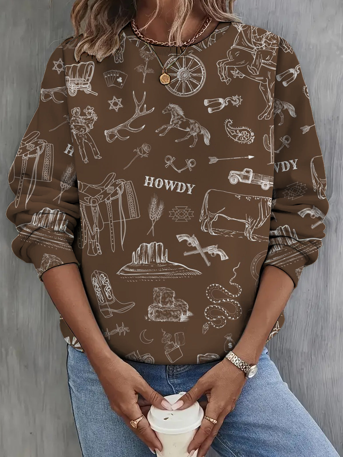 Western Denim Vintage Printed Round Neck Long Sleeve Top