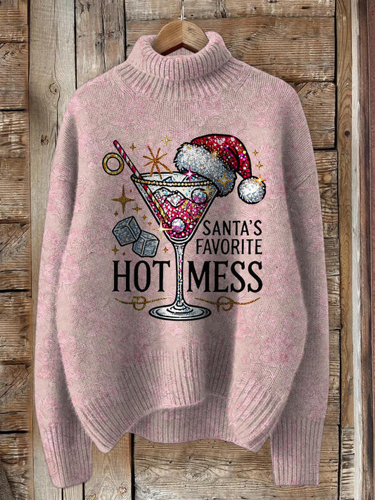 Santa's Favorite Hot Mess Vintage Print Faux Sweater Top