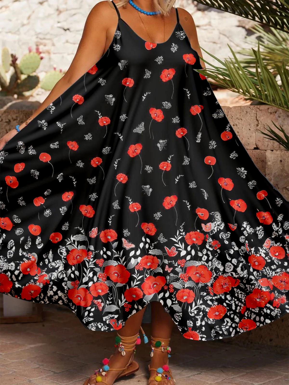 Flower Butterfly Women's Printed Casual Spaghetti Strap Dress